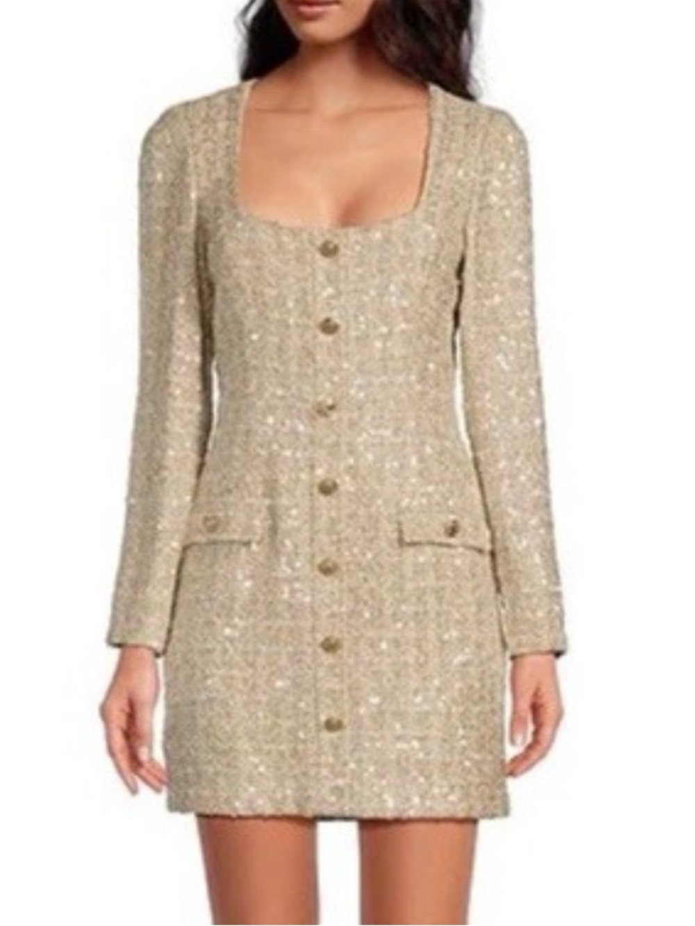 Gianni Bini Cream & Gold Tweed Sequin Dress